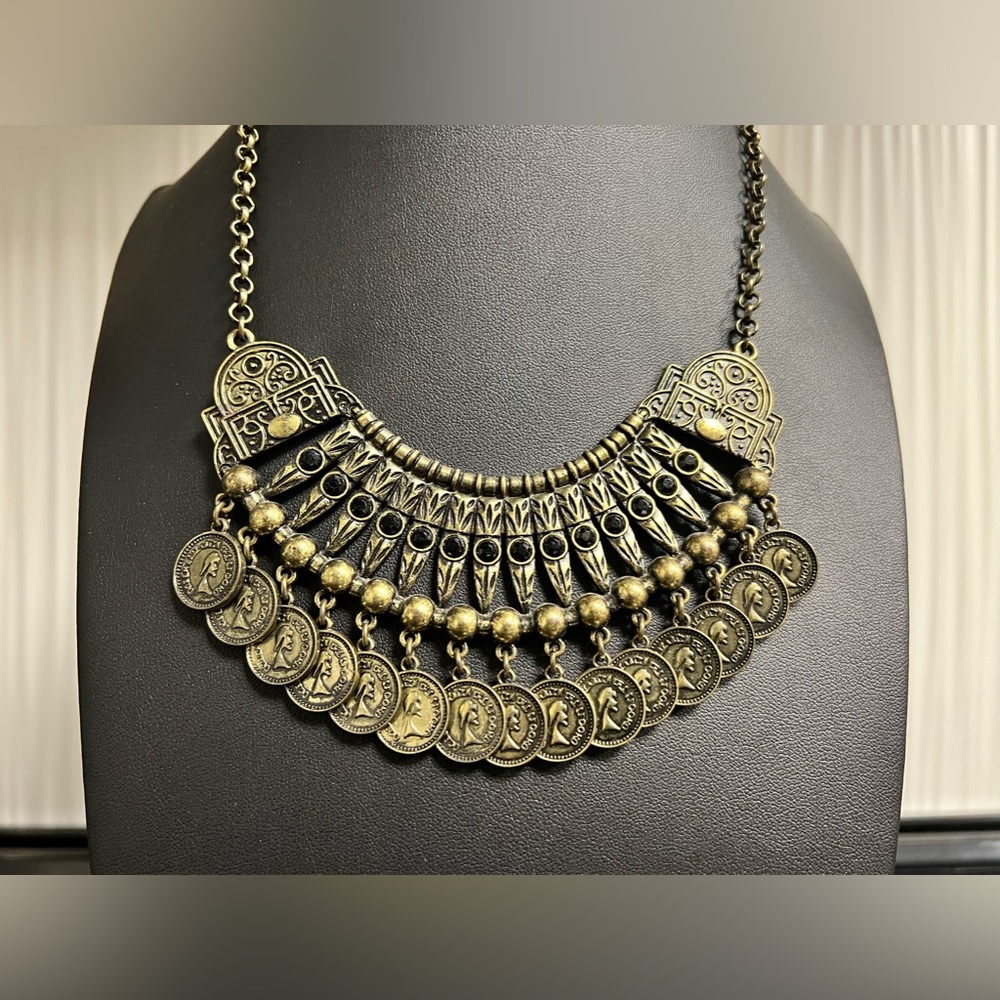 Bib Tribal Gypsy Statement Coin Aged bronze metal necklace BaubleBar